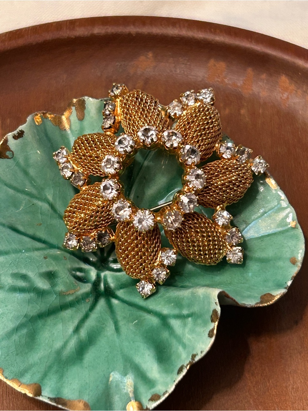 Vintage Hobe Gold Floral Statement Brooch with Clear and Smokey Crystal Accents